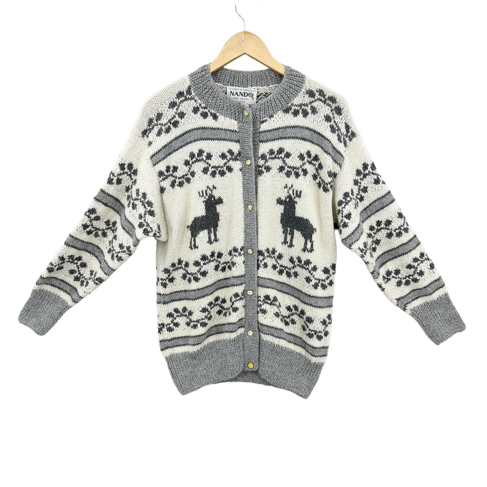 NANDO Unisex Cardigan Sweater Hand Knitted Alpaca Elk Moose Reindeer Oversized